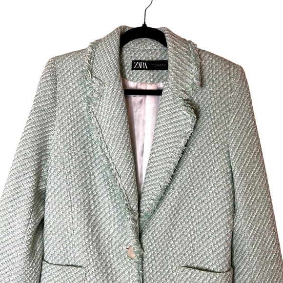 Zara Green White Tweed Textured Long Blazer-Small - Picture 15 of 15